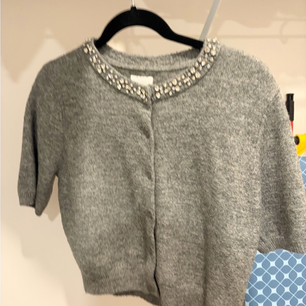 H&M Gray Knit Short-Sleeve Cardigan with Beaded Collar